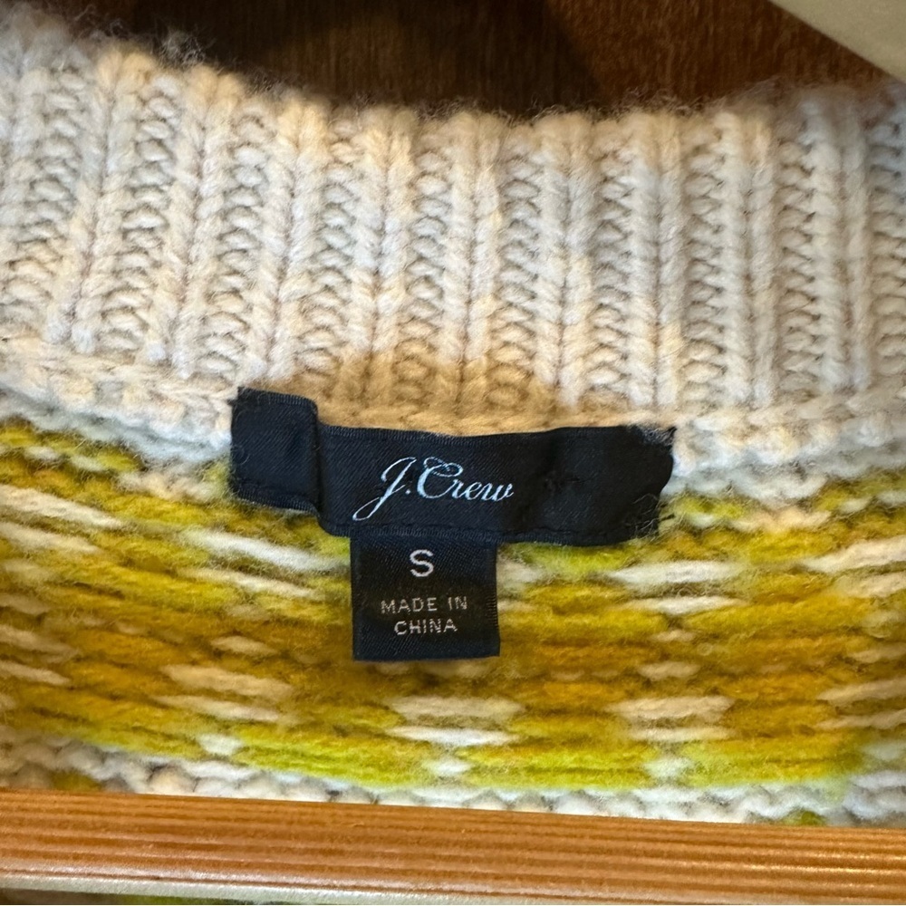 J. Crew Cream Fair Isle Crewneck Sweater with Red, Navy & Chartreuse Yoke - Picture 3 of 5
